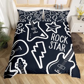 feelingyou Black Rock Star Style Comforter Cover Set for Kids Girls Teens White Guitar Pattern Duvet Cover Microfiber Quilt Cover Decor 2Pcs Bedding with 1 Pillowcase Single,Single (53 inchx79 inch)