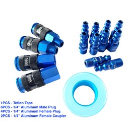 SANFU Air Hose Fittings, Aluminum AMT Universal Air Coupler and I/M Industrial Type Air Plug Kit, 1/4 Inch Threads Size, 1/4 Inch Body Size, 15 Pieces Air Compressor Accessories Fittings Kit(Blue)
