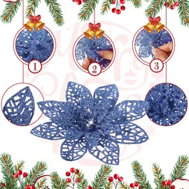 Boao 24 Pieces Christmas Poinsettia Tree Ornament Flowers Christmas Decor Glitter Ornament, 3/4/6 Inches(Navy Blue)
