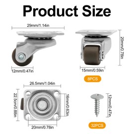 Castor Wheels, 8 Pack 0.5inch Mini Small Wheels for Kitchen Appliances Low Profile 360°Swivel Trolley Wheel Rubber Silent Casters for Furniture, DIY Project, Luggage, Mobile Tray, Small Appliances