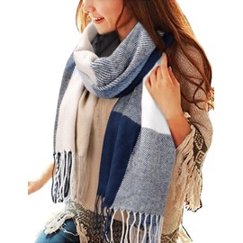 Tuopuda Women's Scarf Checked Pashmina XXL Stoles Oversized Autumn Scarf Winter Scarf Checked Tartan Shoulder Scarf Plaid Blanket Scarf Fashion Scarf Soft Warm Oversized Fringe Poncho, Blue + White