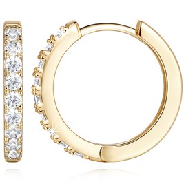 NEARLAND 14K Gold Huggie Hoop Earrings for Women 14K Gold Earrings Small Gold Hoop Earrings Gold Diamond Hoop Earrings for Women with Round Cubic Zirconia,12mm 14mm 16mm (16mm)