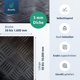 diconfa Rubber Mat Hammered Mat 3 mm Thick Width 0.05 m to 1.6 m Length 0.05 m to 10 m Selection 110 x 15 cm (1100 x 150 mm) UV-Stable Low Odour Non-Slip Checker Plate Mat Checker Mat