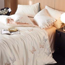 SLDPET Tencel Duvet Cover King Size, Cooling Duvet Cover Set with Zipper, Butterfly Satin Duvet Cover 4 Pieces - 1 Duvet Cover, 1 Flat Sheet and 2 Pillowcases, 104 X 90 Inches