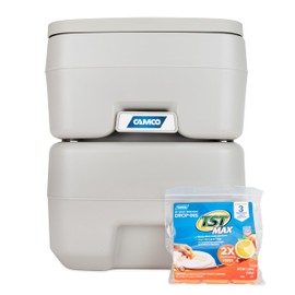Camco 5.3-Gallon Portable Toilet - Features Detachable Holding Tank w/Sealing Slide Valve & Bellow-Type Flush - Easy Transport w/Compact Lightweight Design & Carry Handle - Gray (41541)