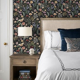 Orainege Vintage Floral Wallpaper Peel and Stick Wallpaper Boho Floral Contact Paper 15.7in x 196.8in Self Adhesive Wallpaper for Bedroom Cabinets Decor Removable,Black
