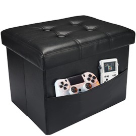 AmasSmile Folding Storage Ottoman Foot Rest Stool with Side Pocket, 16 inch Leather Footstool Bench, Short Ottoman Bench, Storage Foot Rest Store, Books,Black