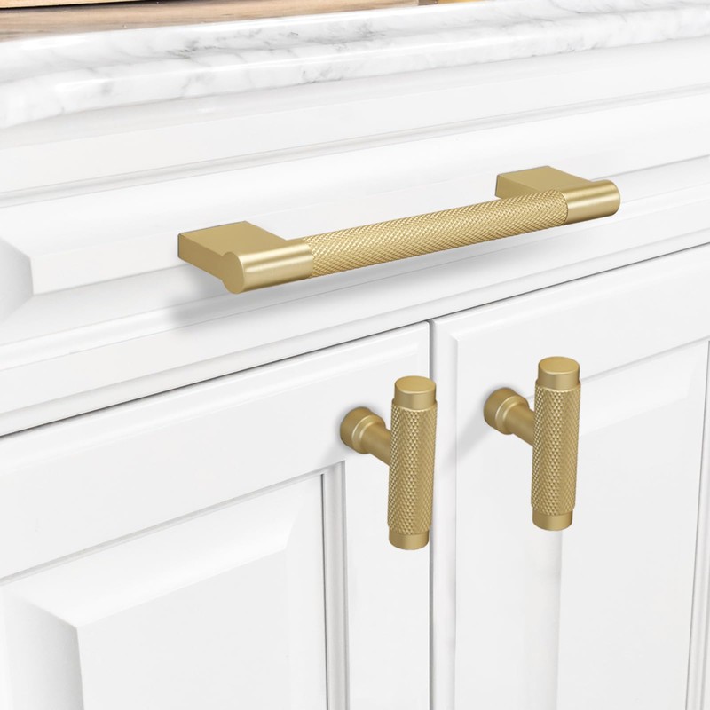 BUKOBYHE 10 Pack 5Inch Kitchen Cabinet Handles Brushed Brass Knurled