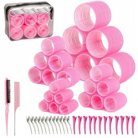 Tubos para Cabello 51 pzs 4 Tamaños 25mm 36mm 48mm 60mm con Clips Incluidos, Rulos Profesionales para Pelo Largo Corto y Flequillo, Incluye 2 Peines y Bolsa de Regalo(Rosa)