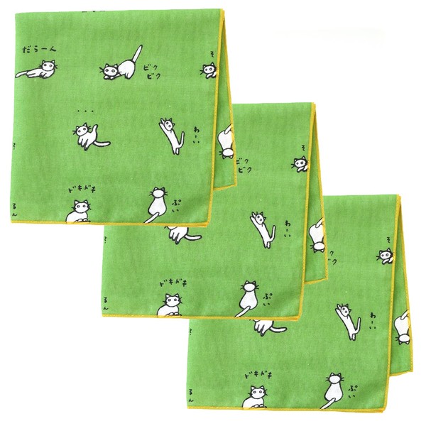 Iroha Mameo Series Gauze Handkerchief, Set of 3, Cats, Matcha, Made in Japan, 100% Cotton, 13.8 x 13.8 inches (35 x 35 cm)