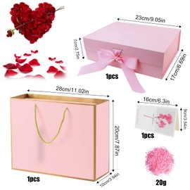 GZLFH Gift Box with Lid, Magnetic Pink Gift Box with Bow, 23 x 17 x 7 cm, for Weddings, Birthdays, Anniversaries, Gift Box, Filling Material, Greeting Cards, Goodie Bags