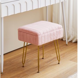 CZBNYX Pink Vanity Chair Stool with Storage Small Makeup Chair for Vanity Seat Bench with 4 Metal Legs and Adjustable Anti-Slip Feet Cute Faux Fur Footstool