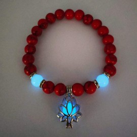 Luminous Glowing in The Dark Moon Lotus Flower Shaped Charm Bracelet for Women Natural Turquoise Stones Yoga Prayer Jewelry (Red Turquoise)