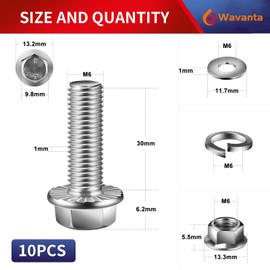 M6 x 30mm Hex Head Bolts, Nuts, Flat & Lock Washers, Flanged Hex Head Bolts, 304 Stainless Steel, Full Thread, Pack of 10