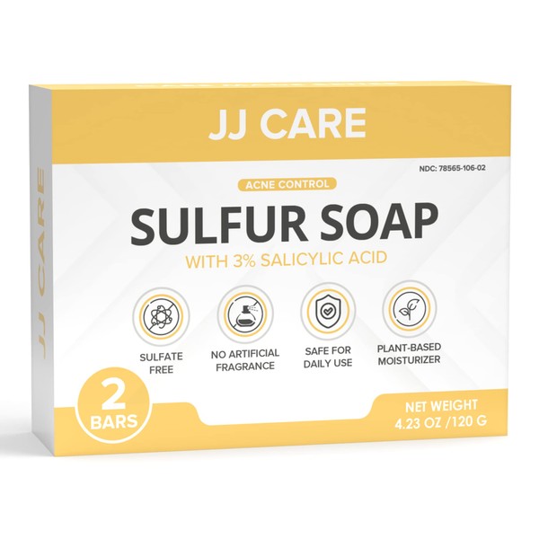 JJ CARE Sulfur Soap for Acne - Pack of 2 Sulphur Soaps, 10% Natural Volcanic Sulphur with 3% Salicylic acid, 4 oz. Sulphur Soap Bar with 100% Lavender Essential Oil for Daily Use