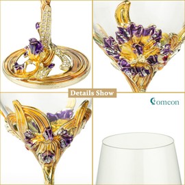 Wine Glasses Crystal Red Wine Glasses Elegant Champagne Glasses Enamels Floral Decorative Goblets(Golden /2 set(gift box))