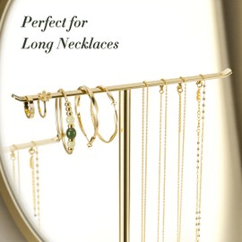 Jewelry Holder Stand with Ceramic Base: 12" Tall Necklace Organizer Rack, Tree Design Display Storage for Necklaces, Bracelets, Rings, Earrings, Aesthetic Room Décor for Girls and Women, Gold