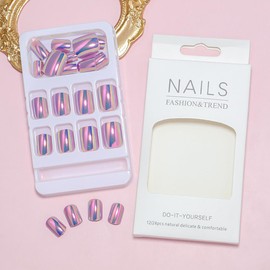 Pink Chrome Press on Nails Short Square Fake Nails Mirror Metal False Nails Full Cover Laser Glossy Acrylic Stick on Nails Solid Color Plating Artificial Nails for Women Girls Manicure 24Pcs