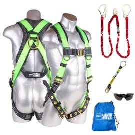 Palmer Safety Fall Protection Harness Kit I 5pt Full Body, 6' Double Lanyard, 18' D-Ring Extender Dorsal OSHA ANSI Compliant Personal Equipment (Hi Vis Green - Universal), (H222100181DLK)