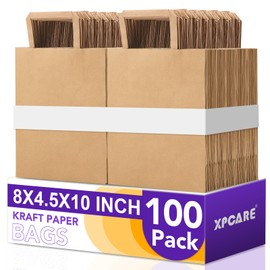 XPCARE 100 PCS Brown Paper Bags,8x4.5x10 Inch Brown Paper Bags with Handles,Medium Gift Bag Bulk,Retail,Birthday,Party Favors,Shopping,Wedding