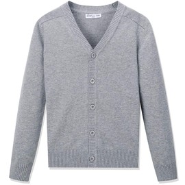 CUNYI Boys' Button-up Cardigan with Elbow Patches V-Neck Cotton Knit Sweater Casual Outerwear, Light Grey, 140