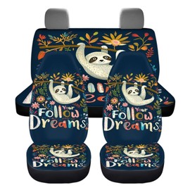 ZIATUBLES Retro Floral Sloth Print Car Seat Covers Full Set, 4 Pack Front and Rear Seat Cover Universal Fit High Back Stretchy Bucket Seat Covers for Most Cars SUV Sedan Truck