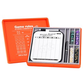 AUSIIBTO Dice Tray and Storage Case for Farkle Game - Includes Embedded Scoring Combinations, 4 Sets of 6 Pearl Dice, 50 Sheet Score Pad and Pen Holder for The Classic Family Game - Orange red