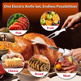 HousesAid Electric Knife,Electric Carving Knife Set with Two Serrated Stainless Steel Blades,Carving Fork,with Non Slip Handle,Safety Lock and Storage Case for Meat,Bread Fish,Other and Foods.