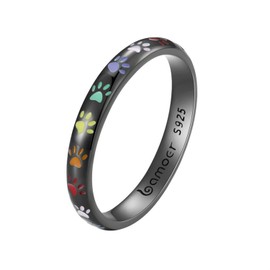 BISAER 3 mm Black Gold Plated Paw Print Ring S925 Sterling Silver Ring Puppy Dog Cat Paw Ring Multicolor Pet Print Enamel Rin Classical Simple Promise Ring for Women