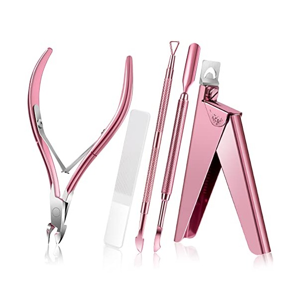 Acrylic Nail Clippers 5 in 1 Kit with Glass Nail File, Cuticle Trimmer Nipper and Cuticle Pusher Nail Gel Polish Remover, Professional Manicure Pedicure Tools for Finger Toe Nails, Rose Gold