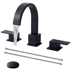 VESLA HOME Matte Black Bathroom Faucet 3 Hole, 2 Handles Widespread Bathroom Sink Faucet with Pop Up Drain & Supply Hoses Waterfall Spout