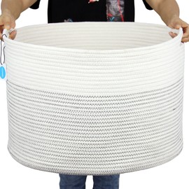 Casaphoria XXXLarge Cotton Rope Basket 21.7" x 21.7" x 13.8" Woven Laundry Basket for Blankets Storage Basket with Handle Comforter Cushions Storage Bins Thread Laundry Hamper-Black Stitch, ‎Beige