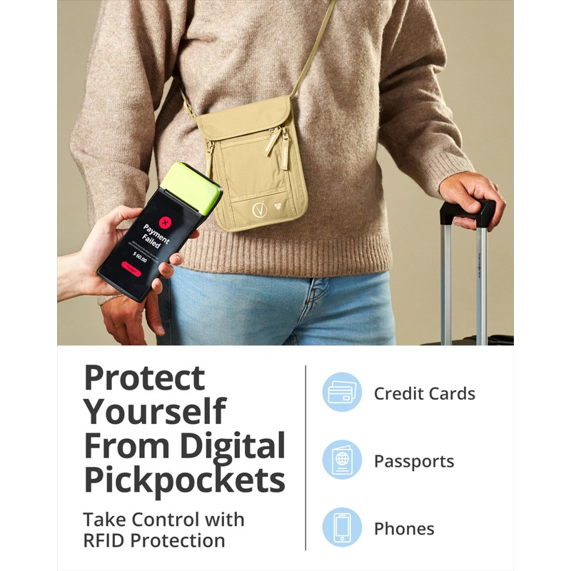 Vantamo Premium RFID Protected Travel Neck Wallet, Khaki, Fits Passport