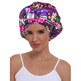 Vettres Double Layer Satin Bonnet with Eye Mask Adjustable Silk Sleep Cap Turban Style Hair Wrap for Curly Hair Purple Animals