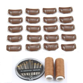 50pcs Wig Clips Stainless Steel Snap Clips for Hair Extensions DIY Wig Combs 9-teeth 32mm 1.2g/pc, 2pcs Weaving Thread, 1set/30pcs Needles (Light Brown)