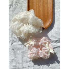 Lemeilleur Hair Scrunchies 2PCs Fancy Hair Ties with Lace Ruffles Fluffy Scrunchies Headwear Hair Band Hair Accessories (pink with bow)