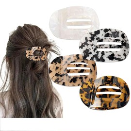 Yeomju Pack of 4 Acetate Flat Hair Clips, Flat Claw Clip for Women, Tortoiseshell Leopard Lay Down Hair Clip for Thick and Thin Hair, Comfortable, Curved Flat Clips