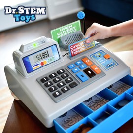 Dr. STEM Toys | Talking Toy Cash Register | STEM Learning 69 Piece Pretend Store with 3 Languages, Paging Microphone, Credit Card, Bank Card, Play Money and Banking for Kids, Silver