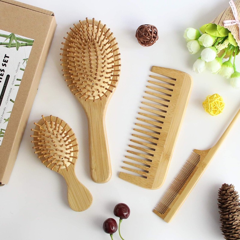 4 Pcs Bamboo Hair Brush Comb Set with Paddle Detangling