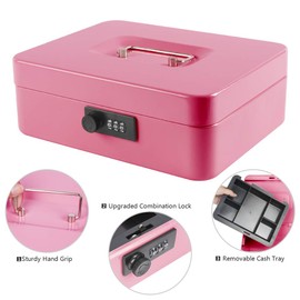 Kyodoled Large Cash Box with Combination Lock,Safe Metal Money Box with Money Tray for Security Lock Box 9.84"x 7.87"x 3.54" Pink Large