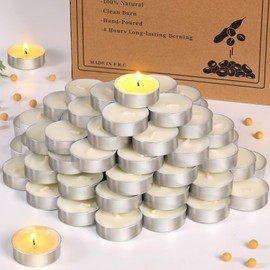 Simeitol Tealight Candles 50 Pack [4 Hours Long Burning] Unscented White & Smokeless Mini Bulk Soy Wax Candles with 100% Cotton Wick for Home Decor, Weddings, Shabbat, Christmas