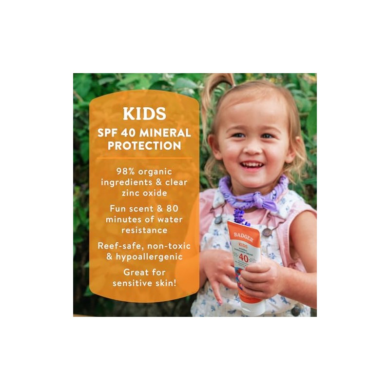 Badger - SPF 40 Clear Zinc Kids Sports Sunscreen Cream,