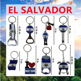 TSY TOOL 8 Pack El Salvador Keychains Country Metal Keychain, 4 Bottle Opener, Heart-shaped Whistle, Bottle Cap, Flag, Turtle, etc. Souvenir Keychains, Gift, Bulk, Multicolor, Small