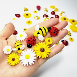 glacely 120pcs Mini Resin Bee Daisy Flowers Decor and Ladybugs Embellishments, Including 30 Pcs Tiny Resin Ladybug 30 Pcs Bee and 60 Pcs Sunflower Decorations for DIY Craft Cloth Pen Box Home Decor