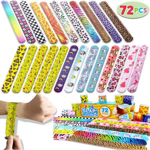 JOYIN 72 PCs Slap Bracelets Valentines Day Party Favors (24 Designs) with Colorful Hearts Animal Emoji and Unicorn