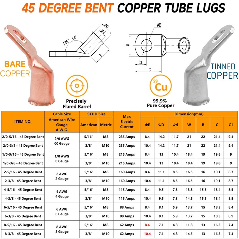 SVAAR 45 Degree Bent Bare Copper Lugs 6 AWG -