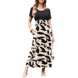 AUSELILY Women's Summer Smocked Short Sleeve Long Maxi Dresses for Women 2025 New Black Leaf XL