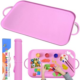 Effidula Silicone Craft Station Mat for Kids, Large Silicone Art Mat With Handle, Raised Edges for Painting, Jewelry-Making & Crafts - 26x16in, Pink