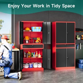 Metal Storage Cabinet with Drawer,Garage Storage Cabinet with Lock,Black Red Metal Cabinet with Doors and Shelves,Locking Steel Cabinet,71" Lockable Storage Cabinet for Garage,Home,Office,Shop