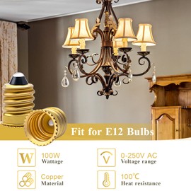 DiCUNO E14 to E12 Socket Adapter, Copper E14 European Base to Candelabra Base Socket Converter, Edison Screw European E14 Socket Reducer, 0~250V Max 100W and 100℃ Heat-Resistant, 20-Pack
